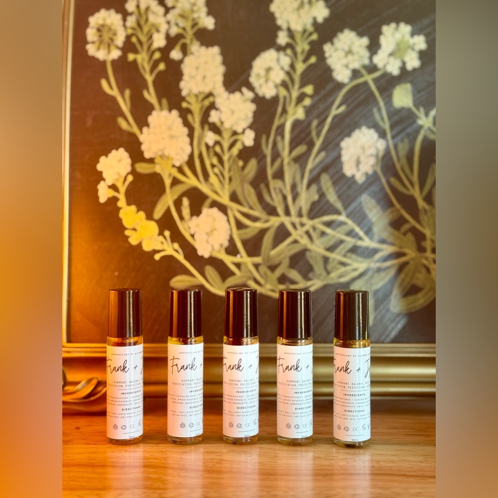 Frank+Jojo Rollerball. Frankincense + Jojoba oil, crystals, resin + rosebud.